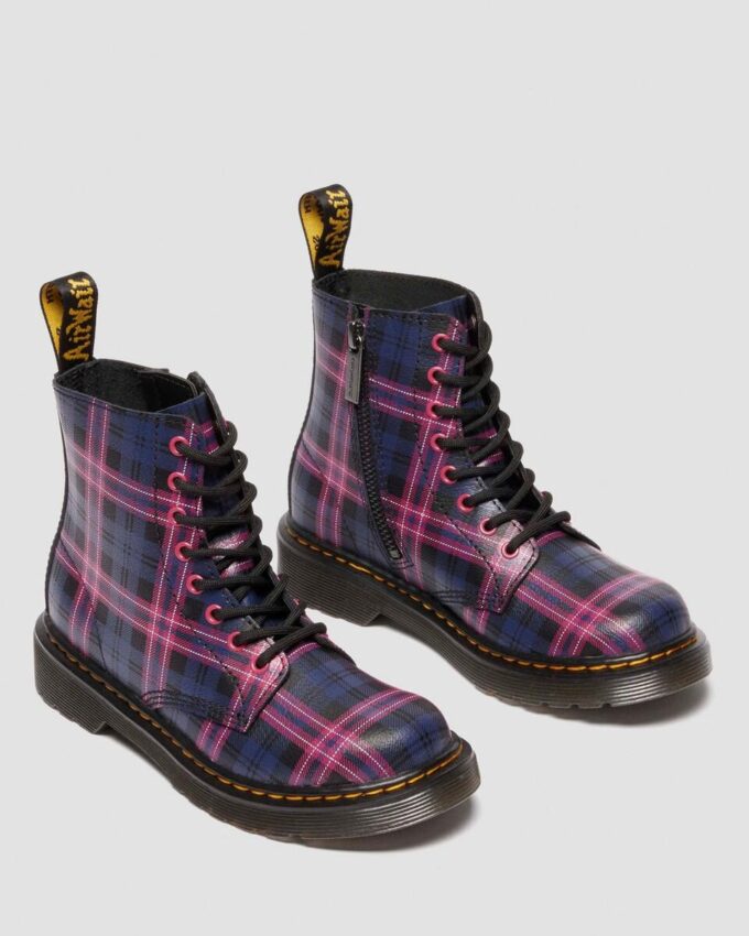 1460 Pascal JUNIOR CIZME CU ȘNURURI PENTRU COPII, ROZ CU TARTAN