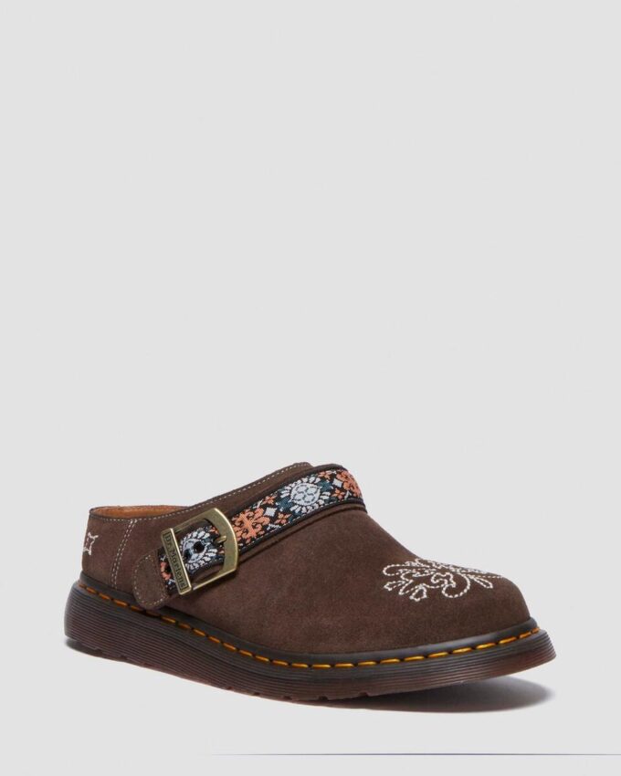Mule Isham din piele de căprioară și jacquard