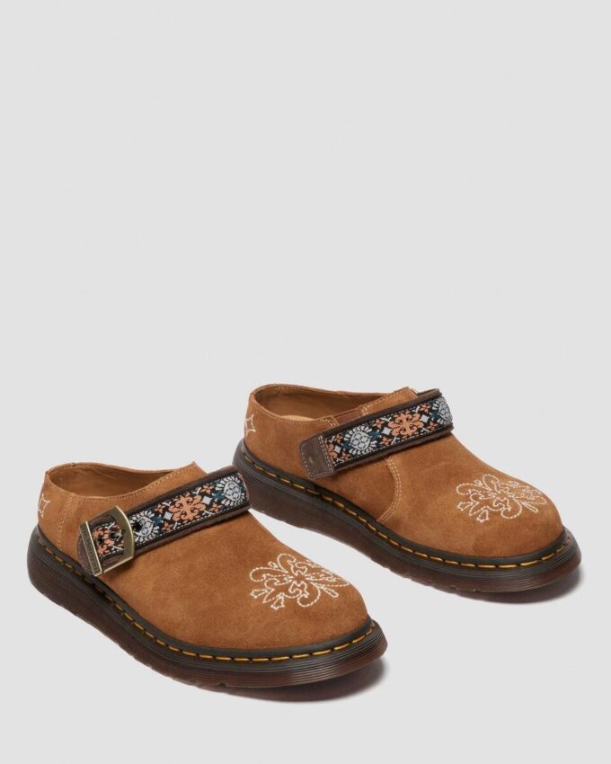 Mule Isham din piele de căprioară și jacquard